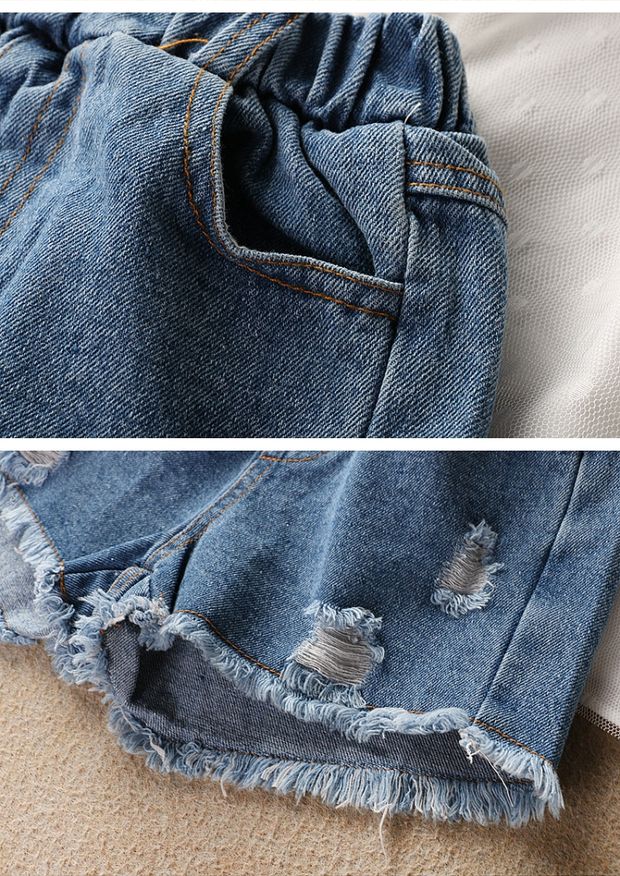 Cô gái giải phóng mặt bằng quần short denim 2018 Trẻ em mùa hè Mặc bé gái Dây đeo một bên vai Áo thun ngắn tay Bộ hai mảnh thời trang trẻ em cao cấp