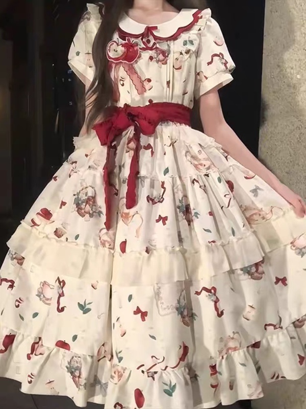 Japanese Sweet Petite Lolita Print Doll Collar Dress for Women, Summer Bow Tie Waist-Cinching Dress