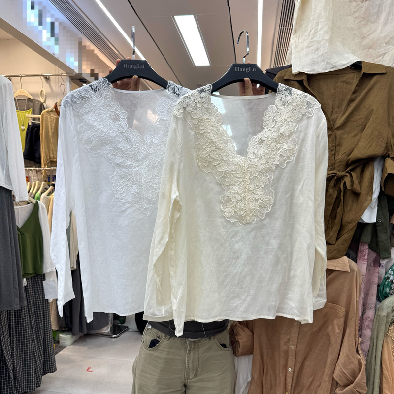 2026 Summer Korean-Style French Heavy Lace Patchwork V-Neck Ramie Thin Long-Sleeve Slimming Sun-Protection Shirt Trendy
