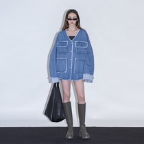 ourhour original design large pocket V collar wool side denim jacket female spring autumn loose display slim jean blouse