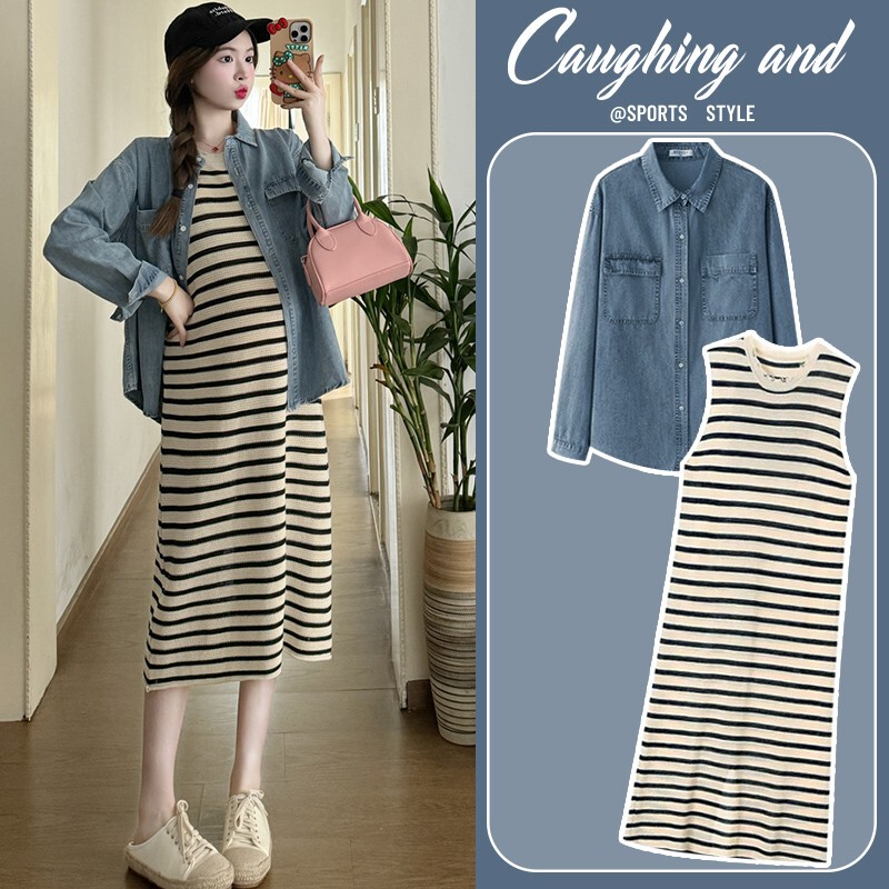 British Dhwa Maternity Dress New Spring and Autumn Denim Jacket Fashion Casual Striped Tank Top Dress Two-Piece Set
