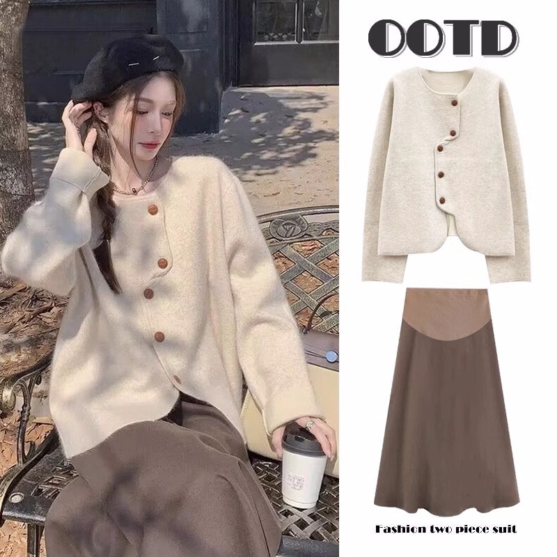 British Dhwa Maternity Wear 2026 New Spring and Autum Fashionable Simple Round Neck Sweater Cardigan Knitted Skirt Two-Piece Set