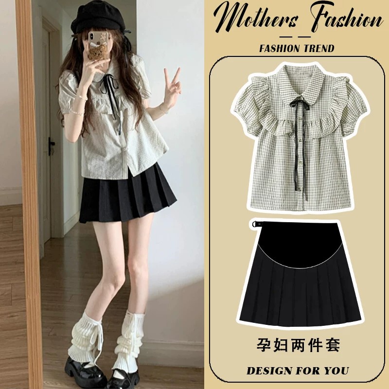 British Dhwa Maternity Wear Summer New Casual Striped Ruffled Puff Sleeve Shirt Pleated Skirt Two-Piece Set