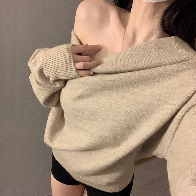 レイジースタイルのワンショルダーオフショルダーセーター、レディース2025春秋新作、ゆったりとした万能な気質のプルオーバーニットトップス