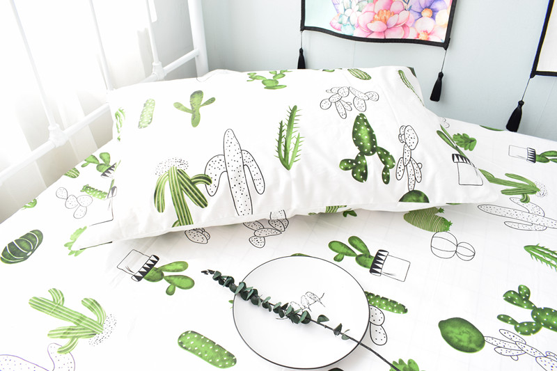 Cây xương rồng mọng nước Cây xanh Bắc Âu in bông vải chéo giường chăn gối có thể được tùy chỉnh ba hoặc bốn bộ ga giường đơn