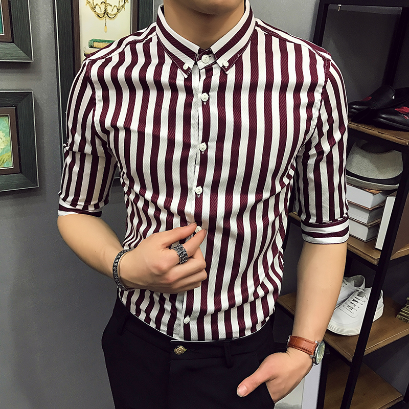 夏装潮男士竖条纹短袖衬衫精品商务七分袖衬衣韩版修身中袖薄寸衫