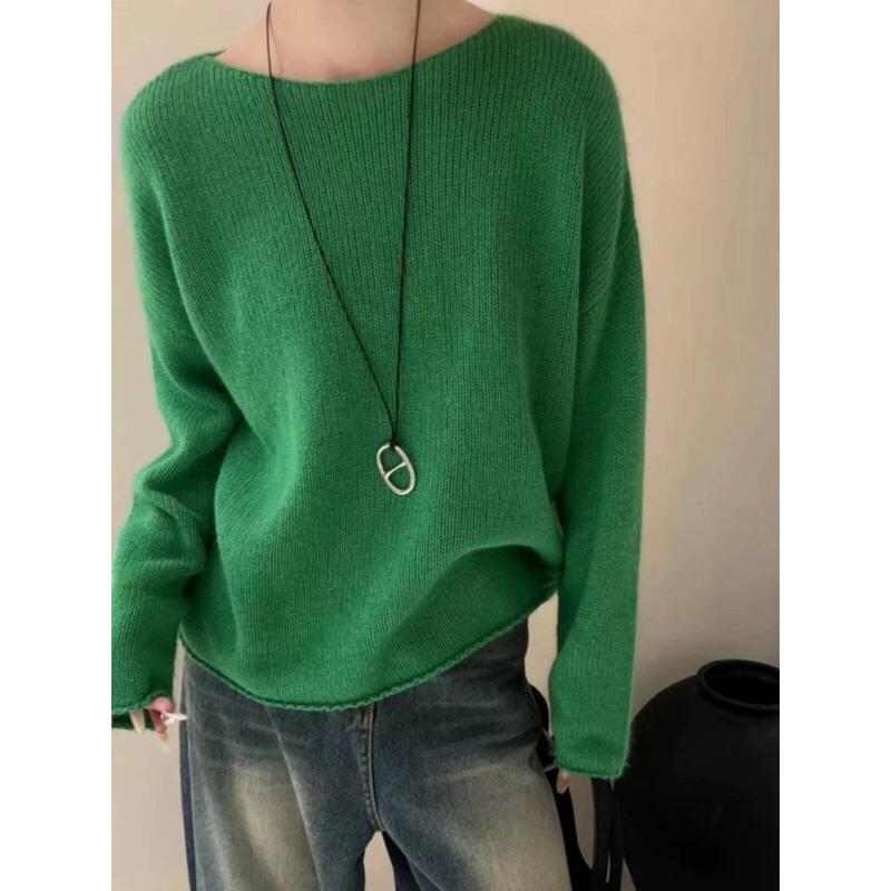 Autumn and Winter 100% Pure Wool Lazy Style One-Line Collar Rolled-Edge Knit Sweater for Women, Loose Pullover Sweater, Green Base Layer