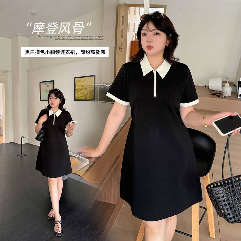 Inno Plus-Size Black and White Color-Block Polo Collar Little Black Dress 2026 Summer New Style Waist-Cinching Slimming Dress 254620