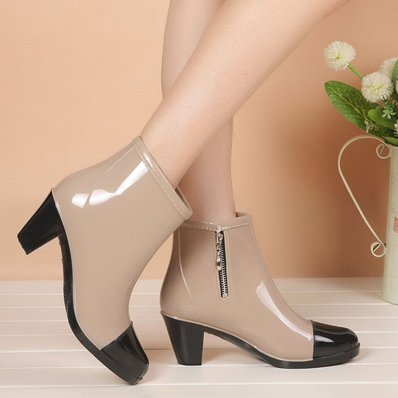 SANMM spring and summer women's short tube rain boots high-heeled rain boots water shoes non-slip rubber shoes retro fashion water boots overshoes