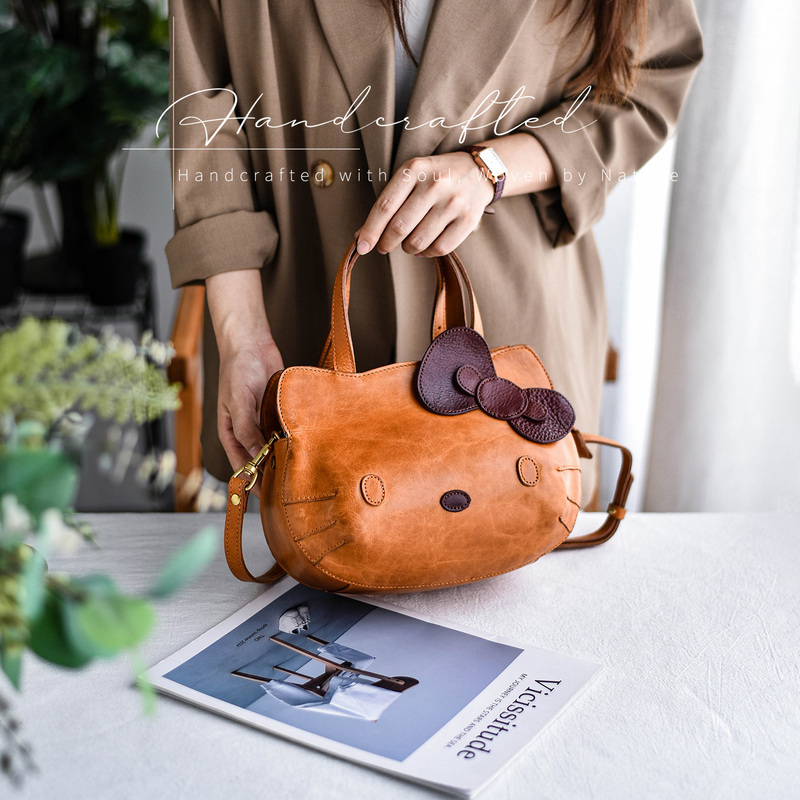 Original First-Layer Vegetable-Tanned Leather Niche Design Cartoon Cat Head Handbag First-Layer Leather Shoulder Crossbody Bag for Women