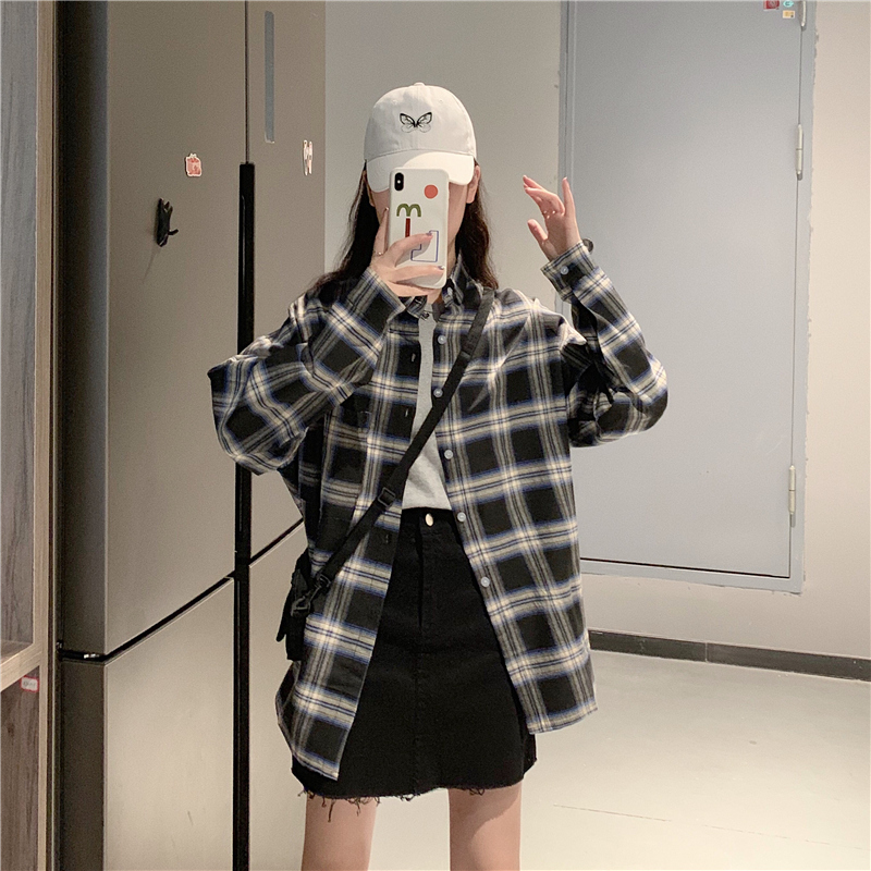 Real shot 100% fiber retro Plaid Shirt women's medium length long sleeve versatile salt shirt