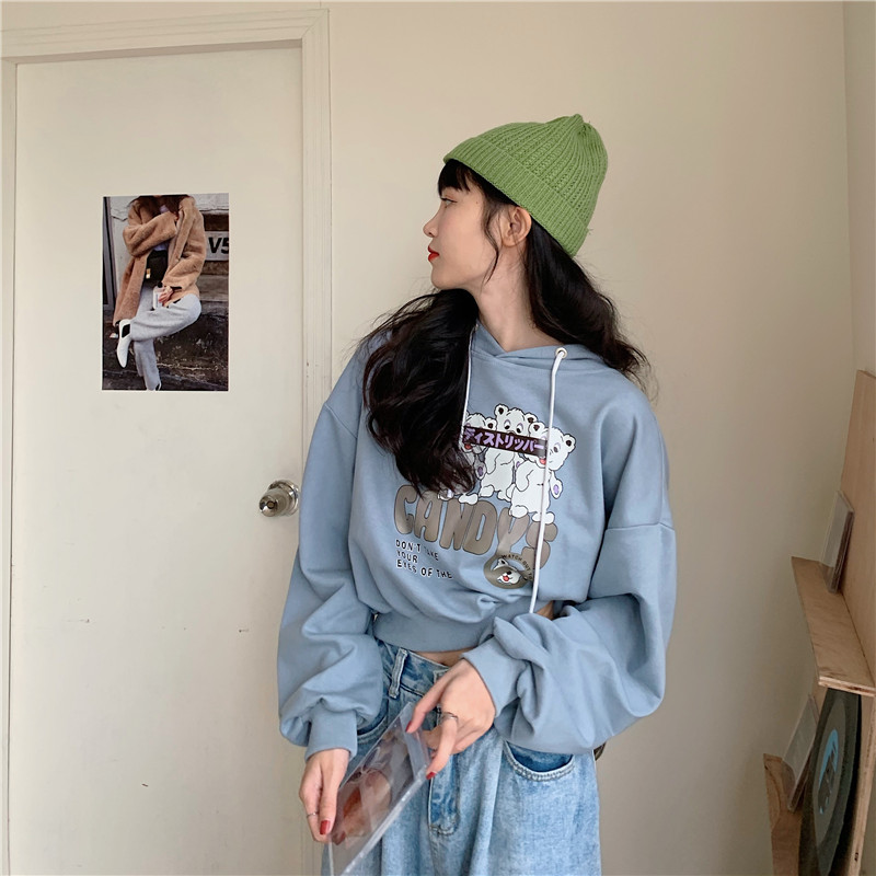 K6036 real shot 6535 fish scale spring and autumn clothes lazy hooded short sweater women's loose Pullover Top