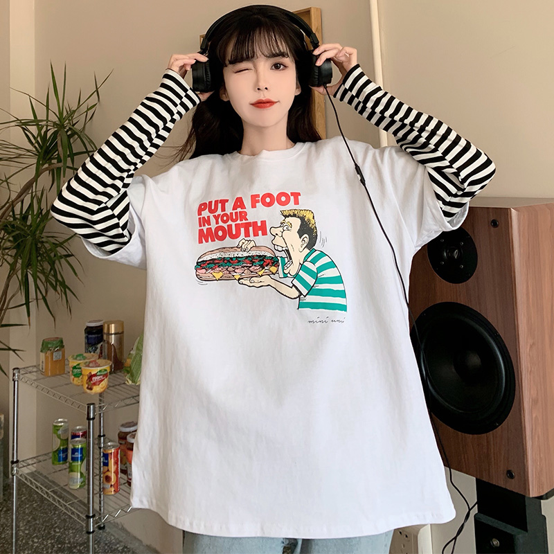 Real stitching stripe loose fake two-piece T-shirt spring long sleeve girl