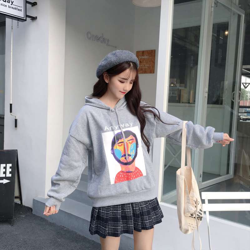 VK旗艦店 韓系抽象畫人物紋印花連帽T恤套頭長袖上衣