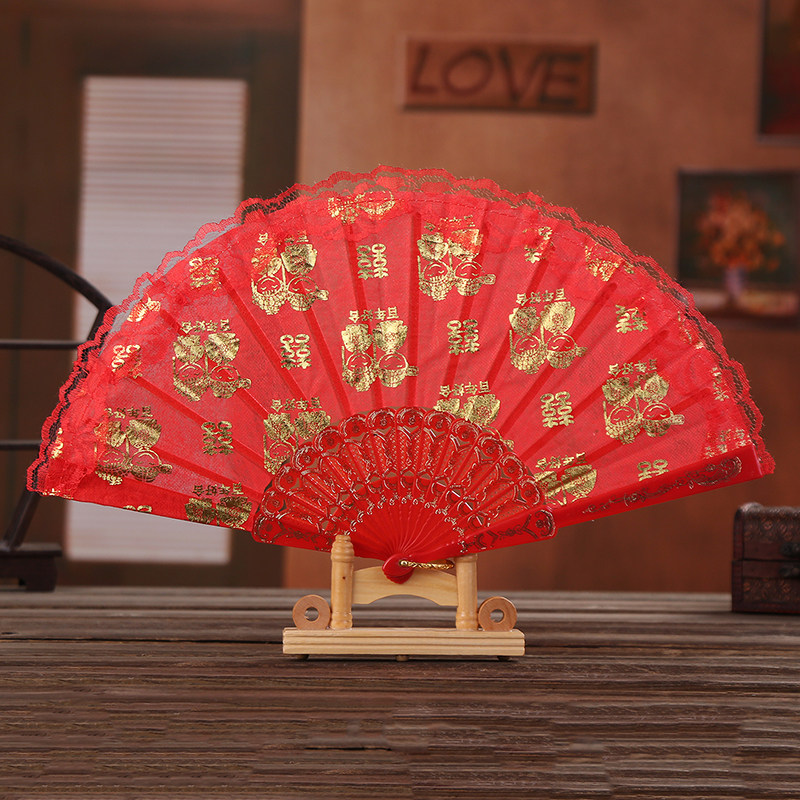 Red fan Double happiness fan folding fan dance wedding props Wedding dowry fan Hundred years of marriage wedding props
