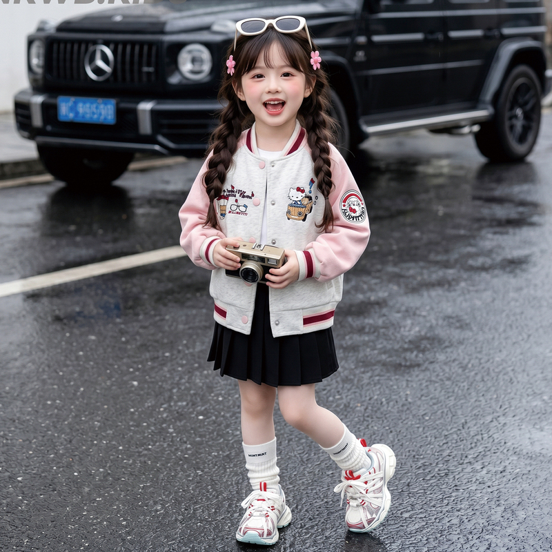 Girls' Jacket Spring and Autumn 2026 New Stylish Cartoon Baseball Jacket for Young Girls Autumn Outfit Top