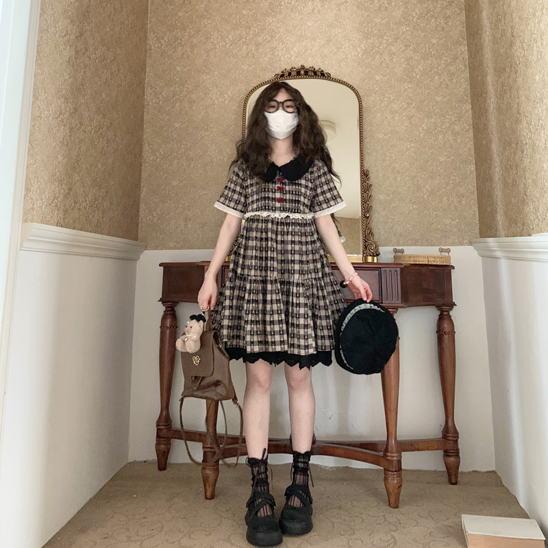 【Little Rabbit】Original Design Cute Doll Collar Plaid Loose Doll Dress Retro Large Hem Lace Bow