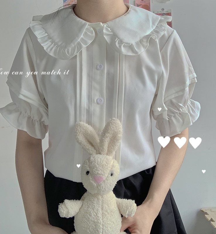 Japanese-Style Cute Soft Girl Lolita Basic Short-Sleeve Undershirt with Ruffled Edges, Doll Collar, Yuanbao Style for Students