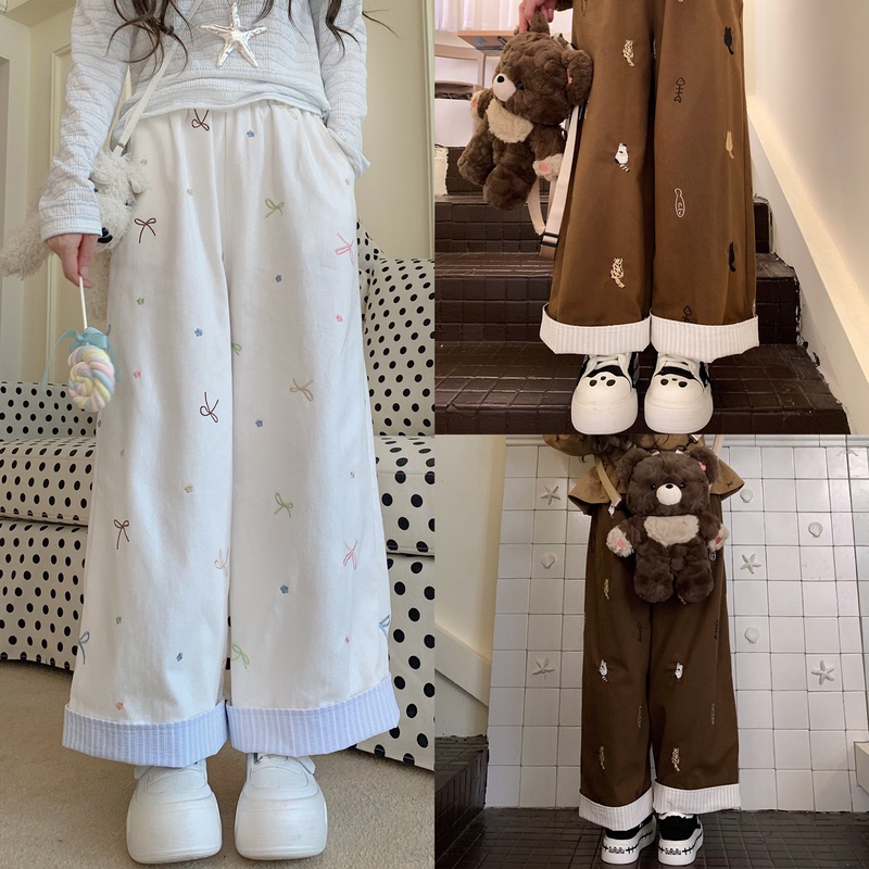 Original Design Cat Bow Embroidery Cute Straight Wide-Leg Pants Loose Casual Height-Enhancing Slimming Retro New Style Original Design Cat Bow Embroidery Cute Straight Wide-Leg Pants Loose Casual Height-Enhancing Slimming Retro New Style