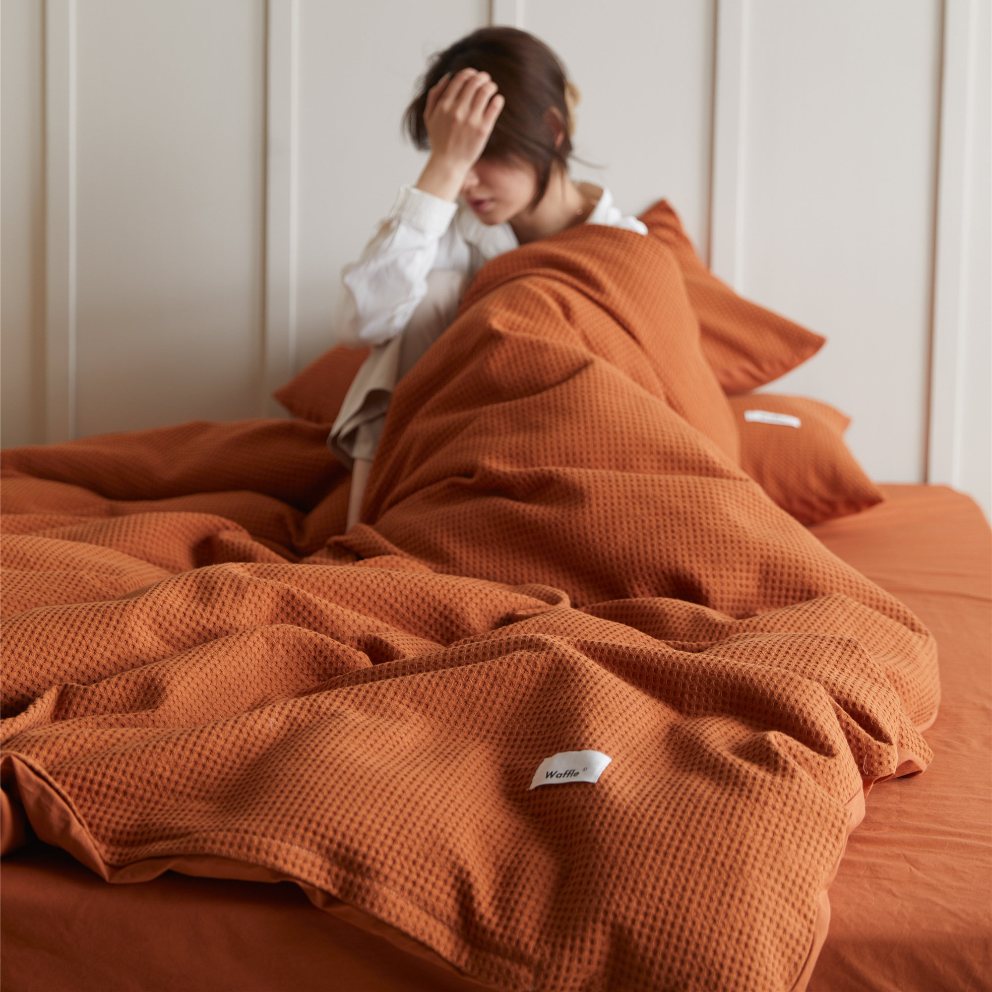 Healing Ensemble Gentleness Caramel Color Pure Cotton Waffle Bed four pieces of full cotton minimalist South Korean Miss Korea Sister sheet-Taobao