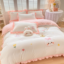 Cute rabbit four pieces of cotton cotton children cartoon by skin water washing cotton girl bedding