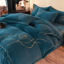 Winter cow thickened double-sided bed with four pieces of coral velvet high grade heavy embroidery with bed linen