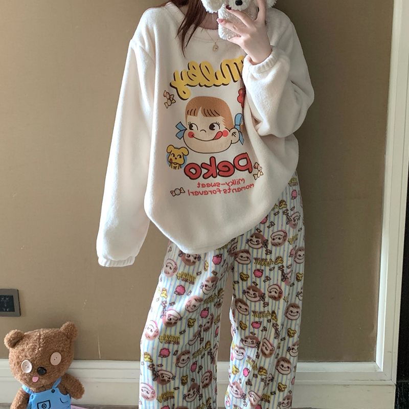 Coral Velvet Rice Grain Velvet Pajamas for Women in Winter, Fleece-Lined and Thickened, Lamb Wool Plush, Cute Cartoon, Large Size Home Wear Set