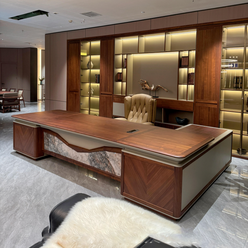 Light Luxury New Chinese-Style Executive Desk, Solid Wood Executive Desk, North American Walnut Wood, High-End and Grand, Chairman's and Ceo's Office Desk