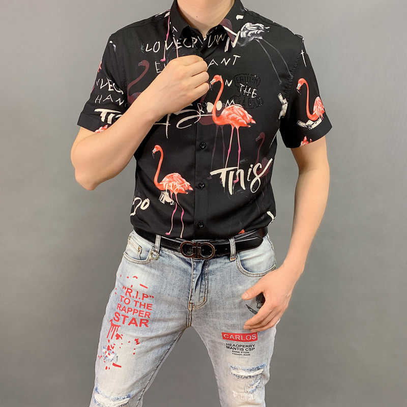 Men's color shirt 2019 Summer new European and American Wind fashion popular Korean version elastic body short sleeve white shirt
