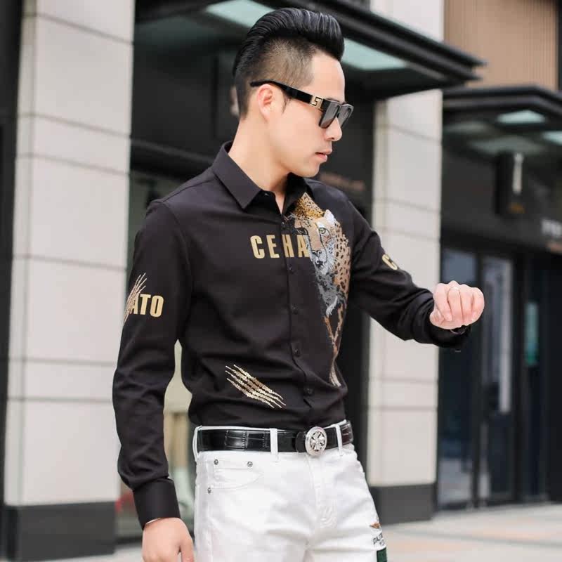 2020 Europe and America Chauded men's spring new personality Fashion casual youth handsome and hot drilling long sleeve shirt man