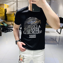 Short-sleeved T-shirt mens summer trend fashion European goods printing press diamond sequin half-sleeve casual Joker hot Diamond Mens handsome