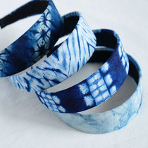 Tie-dyeing National style headgear wide-edge hairpin cotton cloth simple hair hoop men and women sports handmade original fabric blue dye