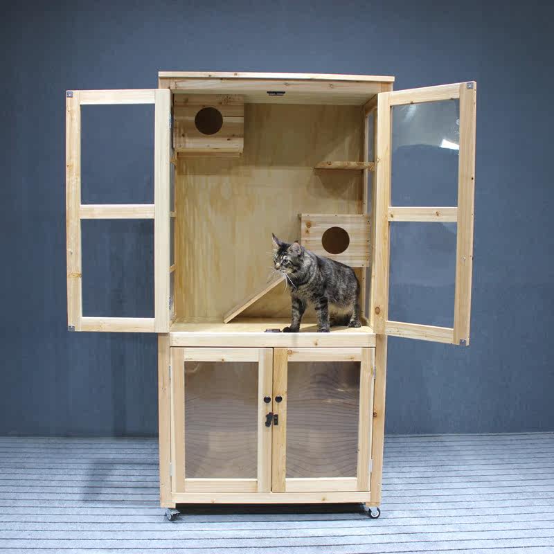 New solid wood cat litter indoor waterproof wooden cat house anti-corrosion sunscreen four seasons removable and washable double-layer pet cat climbing frame