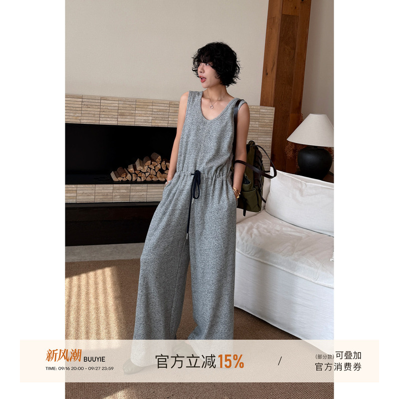 Buuyie Drawstring Waist Jumpsuit Women's Autumn Suspender Jumpsuit Sleeveless Wide-Leg Jumpsuit