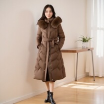 White duck down jacket for women this years popular mid-length 2024 new slim fit waist fur collar brown winter jacket