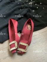 Roger vivier burgundy diamond 2 5 cm 355 summer shallow mouth square toe satin square heel shoes