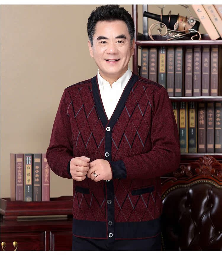 Bố mặc áo len cardigan cổ chữ V mùa xuân và kim cương 2018 cho nam trung niên áo len dài tay - Cardigan áo len nam