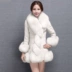 Mùa đông mới Hained fur lady da Áo khoác Hàn Quốc nữ dài phần giả lông cáo cổ áo Slim PU