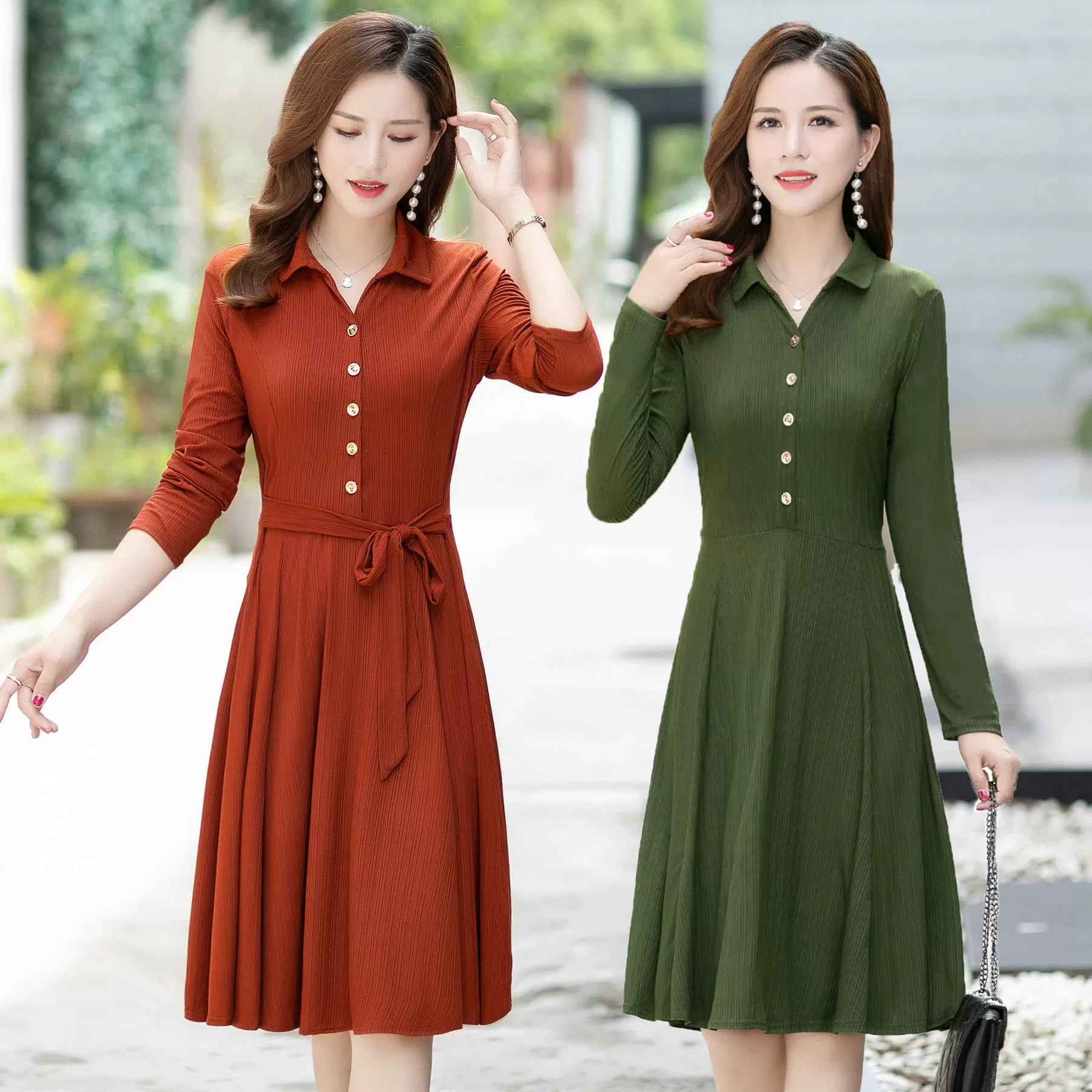 Các bà mẹ trung niên váy đầm mùa xuân váy dài tay váy xuân plus size váy phụ nữ váy đầm trung niên váy đầm trung niên và người già phong cách phương tây - Váy dài