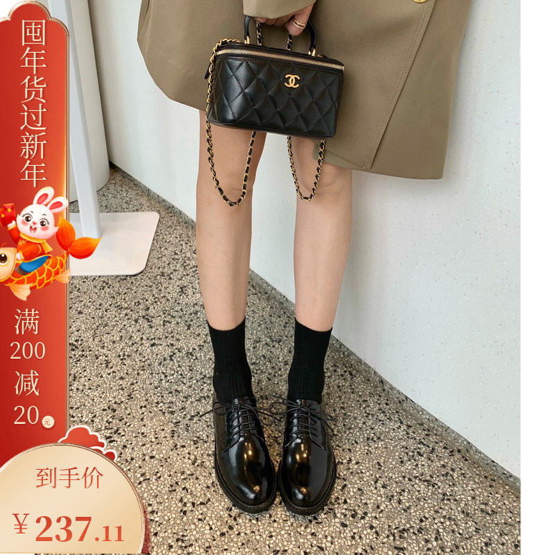 (In stock) 2021 new autumn and winter small leather shoes British style medium heel round toe all-match flat heel plus velvet leather shoes