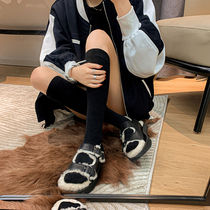 Miss Morning 2021 autumn and winter chao fire button to keep warm outer wearing flat-bottom fashion hair sandals