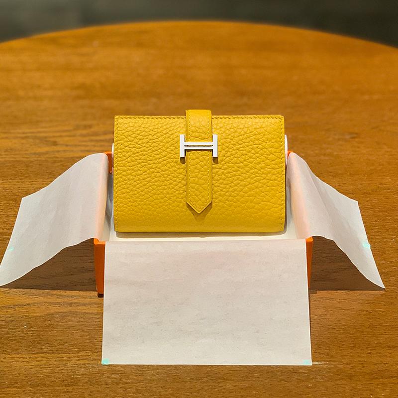 H Brand Card Holder, Yellow Fortune-Attracting Business Card Holder, Genuine Leather, Unisex, Togo Top-Layer Cowhide, New Model