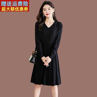 Autumn and winter knitted dress for women, wool high-waisted mid-length sweater dress, slimming, v-neck skirt, thick