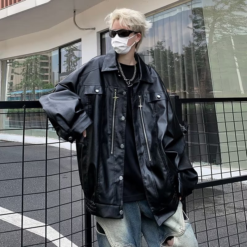 American-Style Leather Jacket for Men, Spring and Autumn, High-End, Cool and Stylish, Loose Casual Pu Leather Baseball Jacket, Biker Jacket