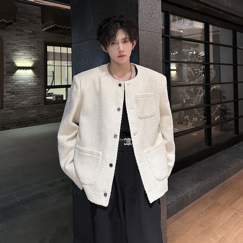 Cleanfit Chanel-Style Jacket for Men, Loose Fit, Collarless Design, Stylish for Spring and Autumn, Cool and Versatile, Padded Shoulder Jacket