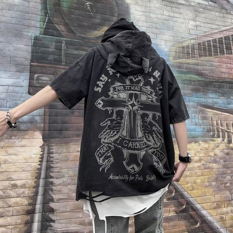 European and American High Street Fashion Brand Printed Hooded Short-Sleeve T-Shirt for Men, Vibe Street Style Design, Washed and Distressed Half-Sleeve Tee