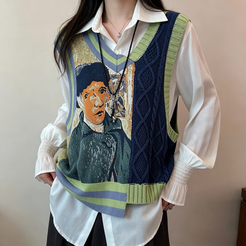 2026 Autumn New Vintage Van Gogh Art Starry Night Flower Sea Oil Painting Pattern Diagonal Button Sweater Women's Jacket