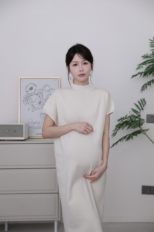Senenmu Half-High Collar Drop-Shoulder Dress Spring and Summer New Slimming Versatile Dress Maternity Wear Summer Solid Color