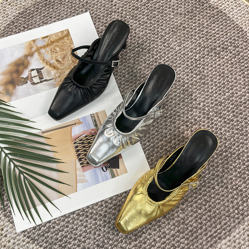 Super Soft and Comfortable Pleated Retro Solid Color New French-Style Silver Chunky Heel Mules for Women, Mid-Heel Sandals for Outdoor Wear