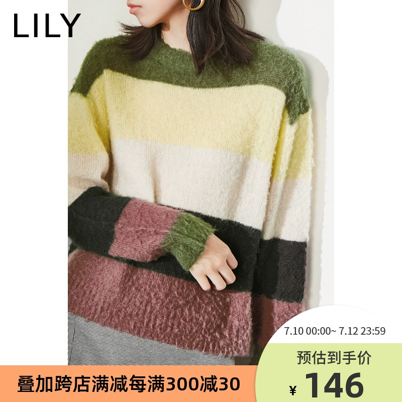 LILY2019 mùa đông mới của phụ nữ màu sắc phù hợp với áo len thả lỏng tay áo len áo len 119410B8714 - Áo / áo thun